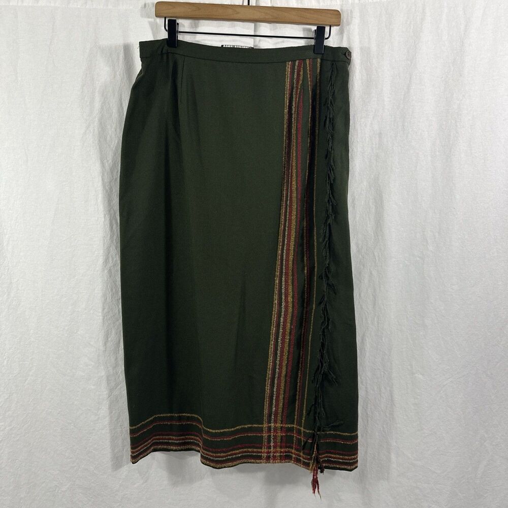 Vintage Green Southwestern Fringe Maxi Skirt Women’s Sz 16 Boho Western Fall 90s